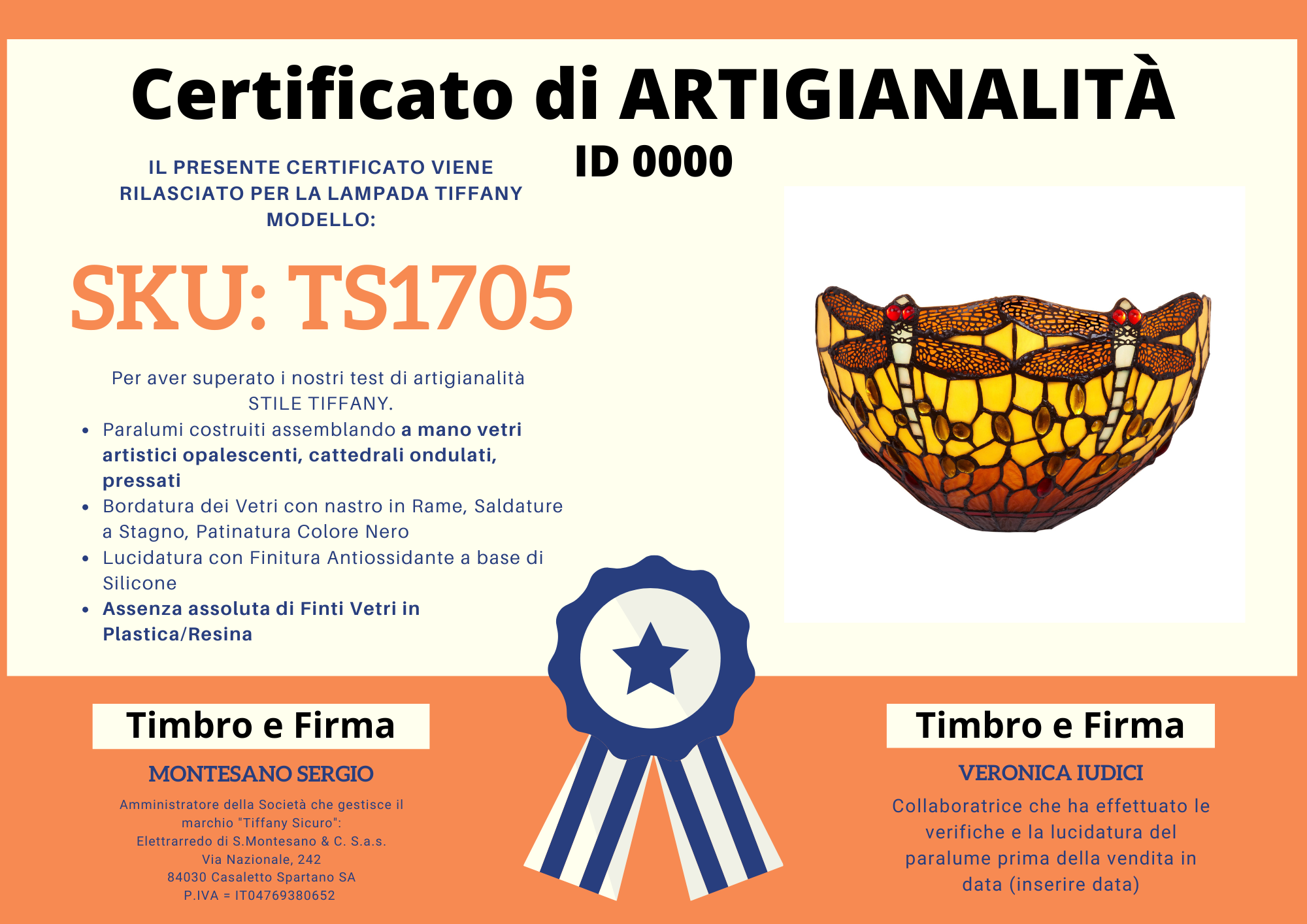 Applique Tiffany Arancione con Libellule, certificato