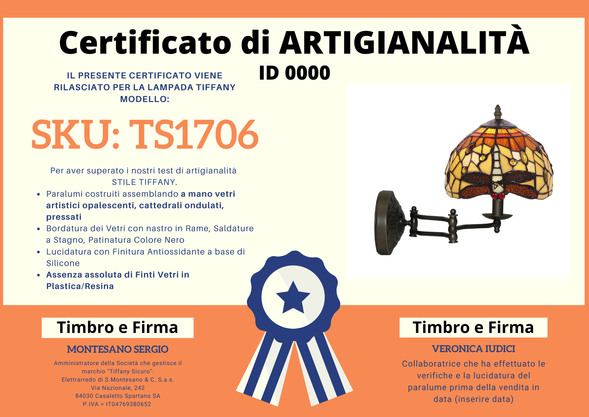 Applique Tiffany con Braccio Regolabile Arancione con Libellule, CERTIFICATO