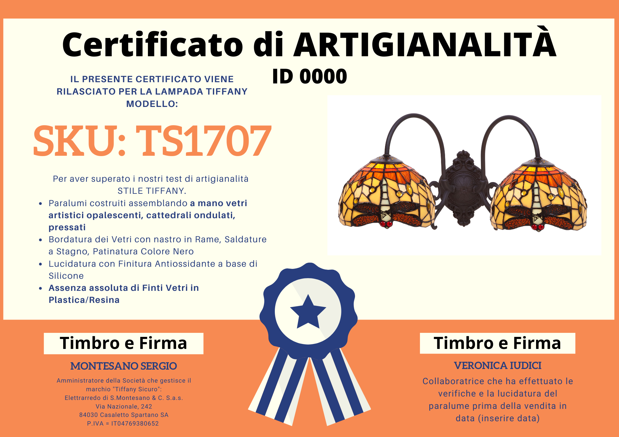 Applique Tiffany Arancione con Libellule con 2 Bracci, certificato