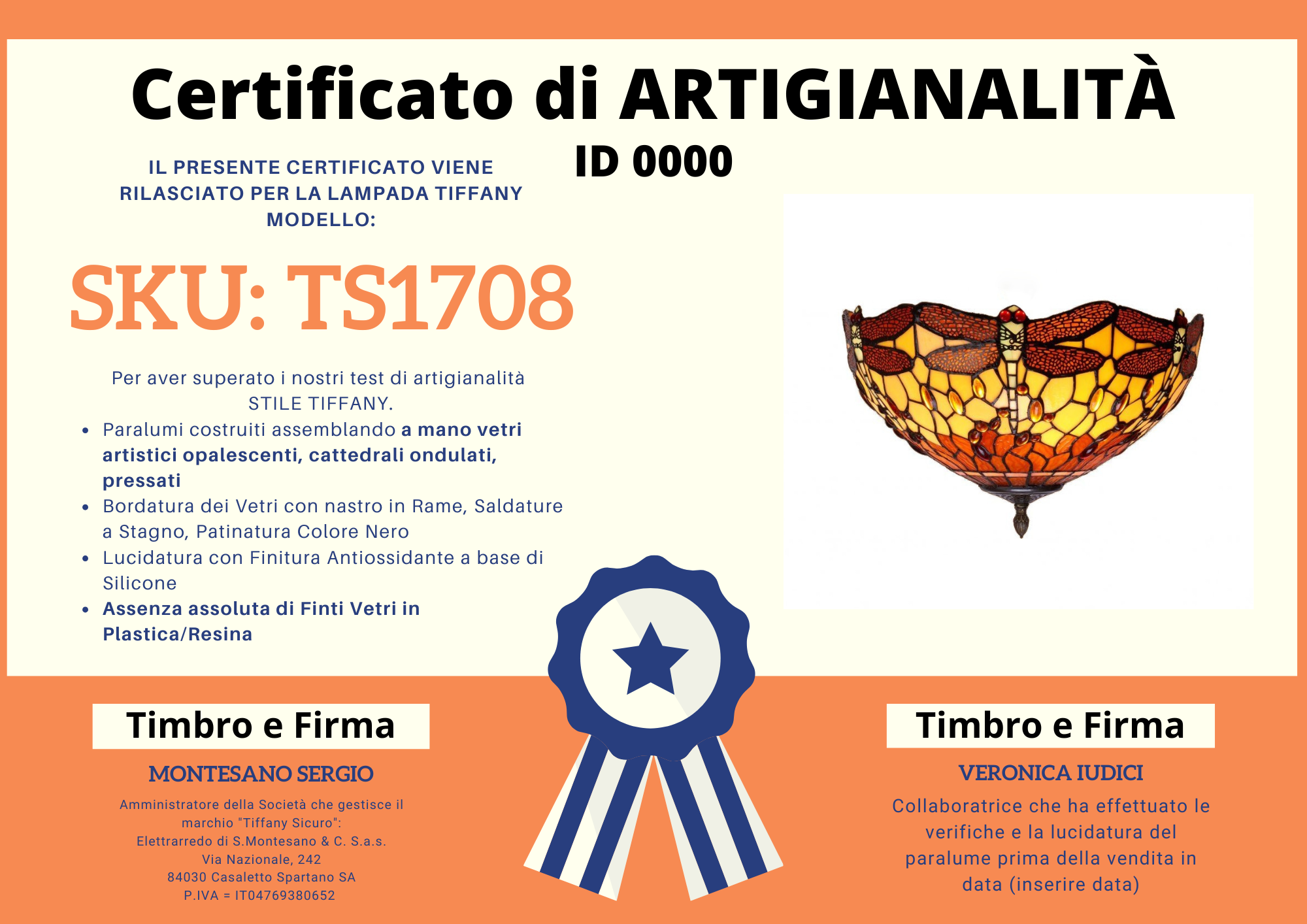Plafoniera Tiffany Gialla e Arancione con Libellule, certificato