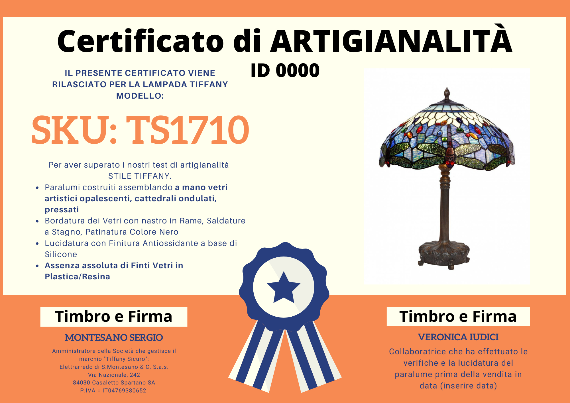 Lampada da Tavolo Tiffany Blu con Libellule, certificato
