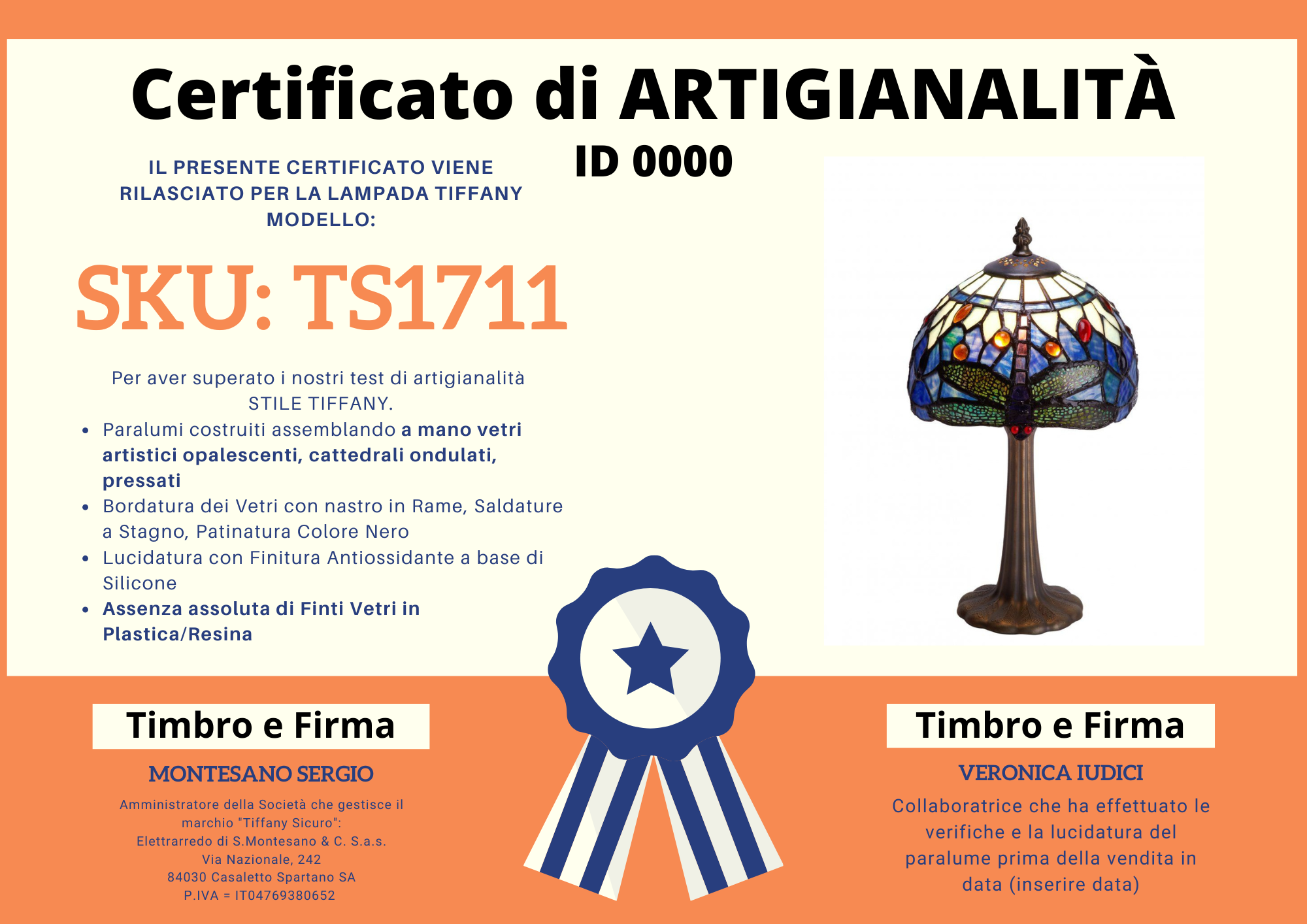 Abatjour Tiffany Blu con Libellule, certificato