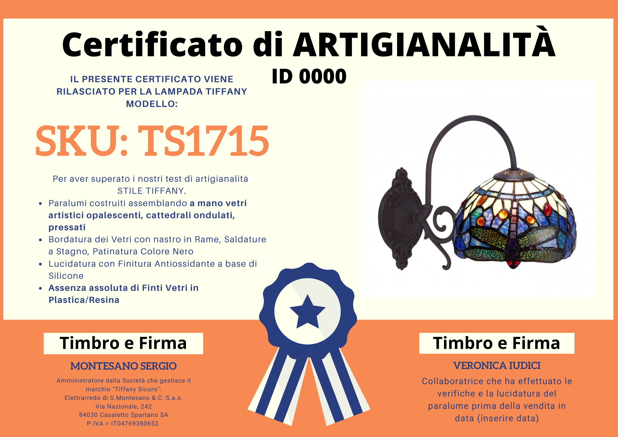 Applique Tiffany a Braccio Blu con Libellule, certificato