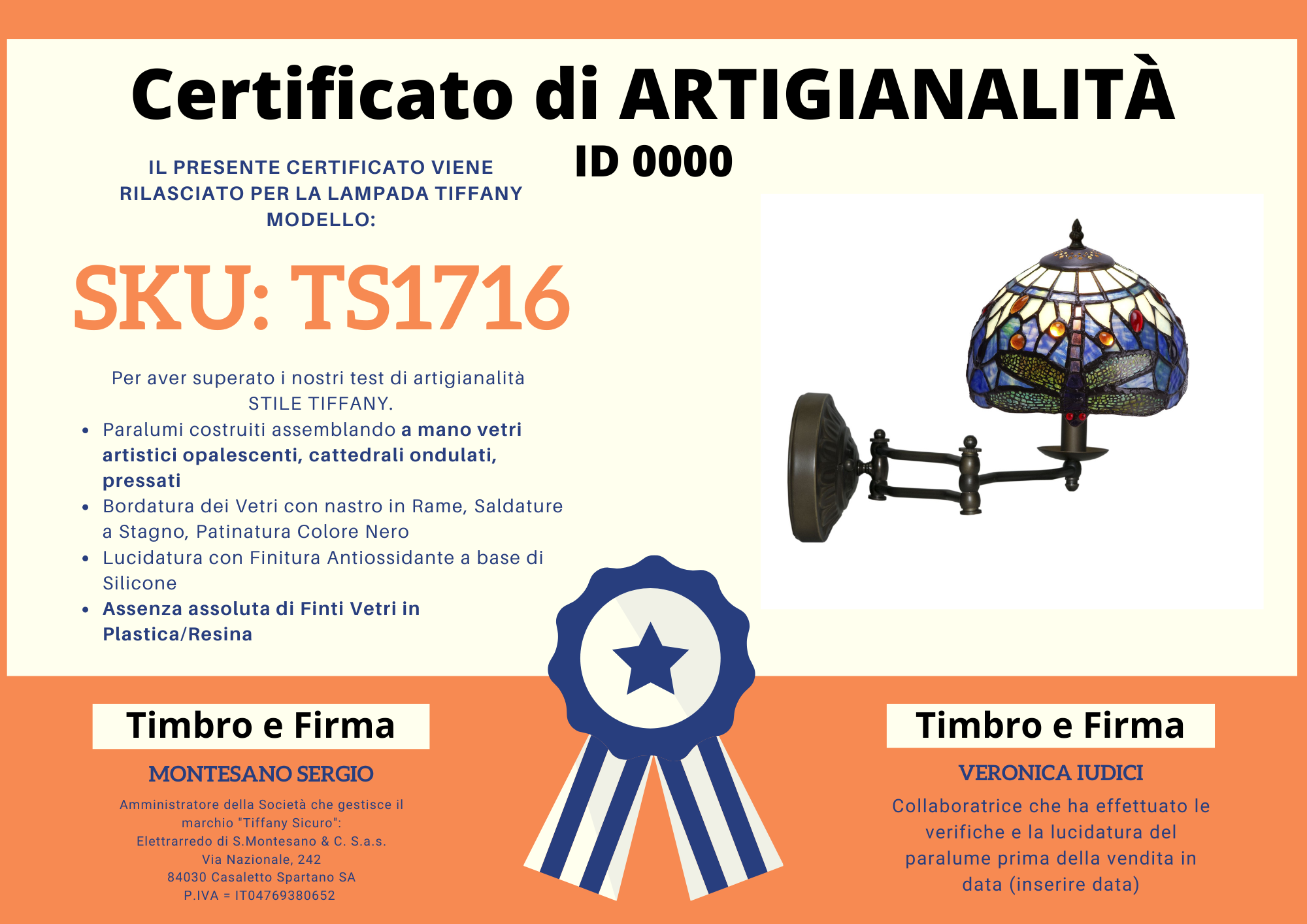 Applique Tiffany con Braccio Regolabile Blu con Libellule, diametro 20cm 7 Applique Tiffany con Braccio Regolabile Blu con Libellule, certificato
