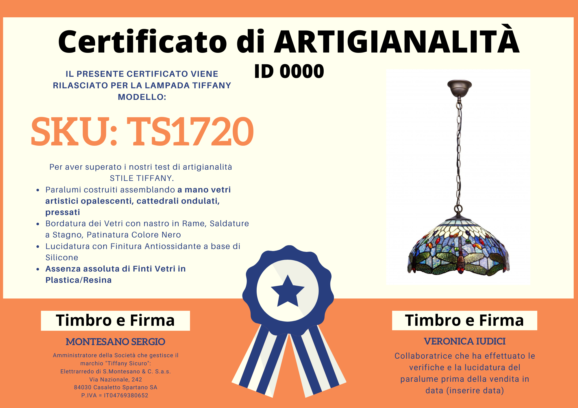 Lampadario Tiffany con Libellule sfondo Blu Medio, CERTIFICATO
