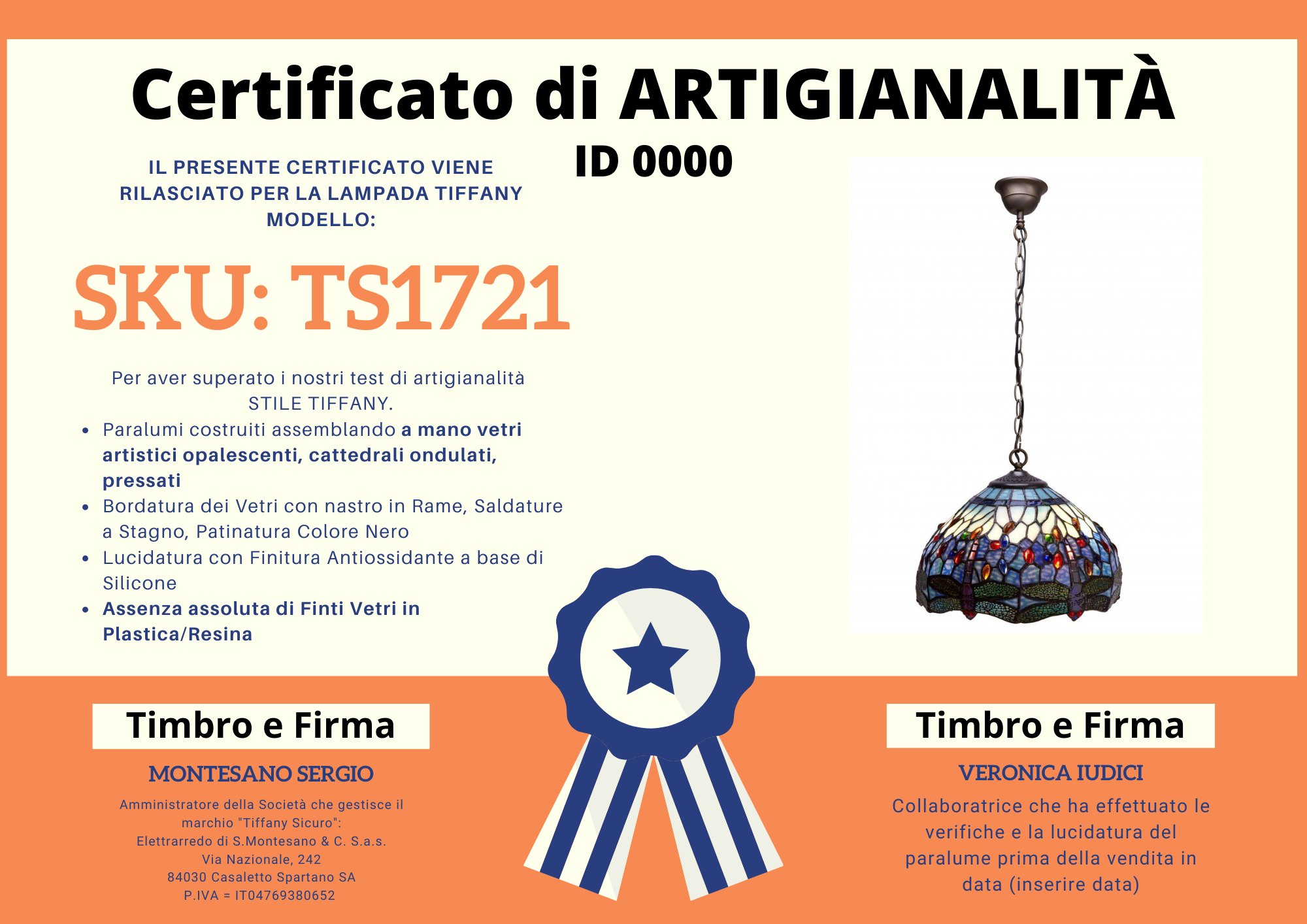 Lampadario Tiffany con Libellule sfondo Blu Grande Medio, certificato