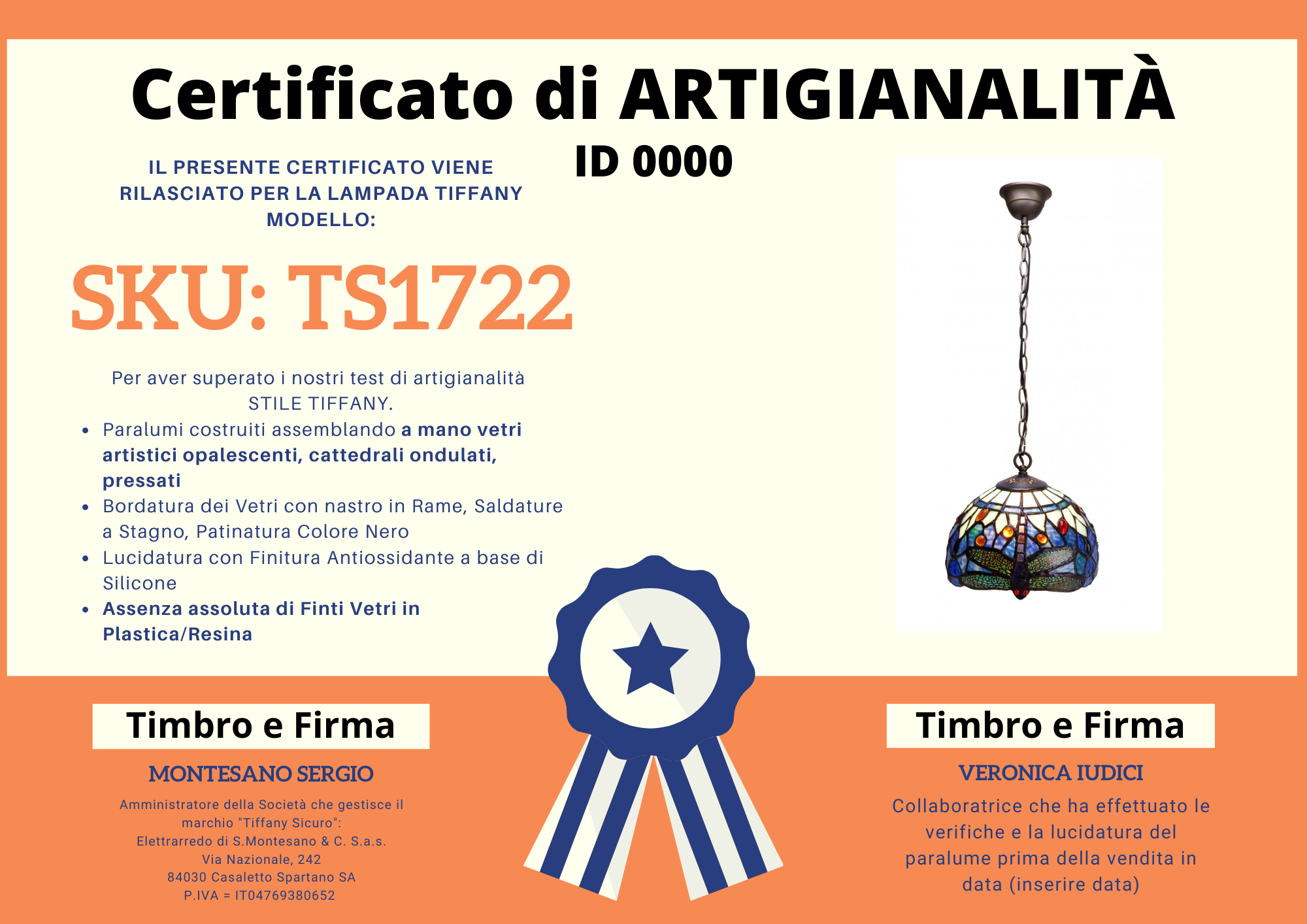 Lampadario Tiffany con Libellule sfondo Blu Piccolo, certificato