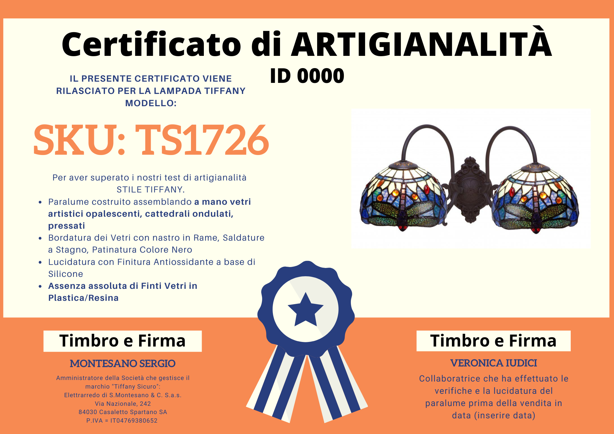 Applique Tiffany Blu con Libellule a 2 Bracci, certificato