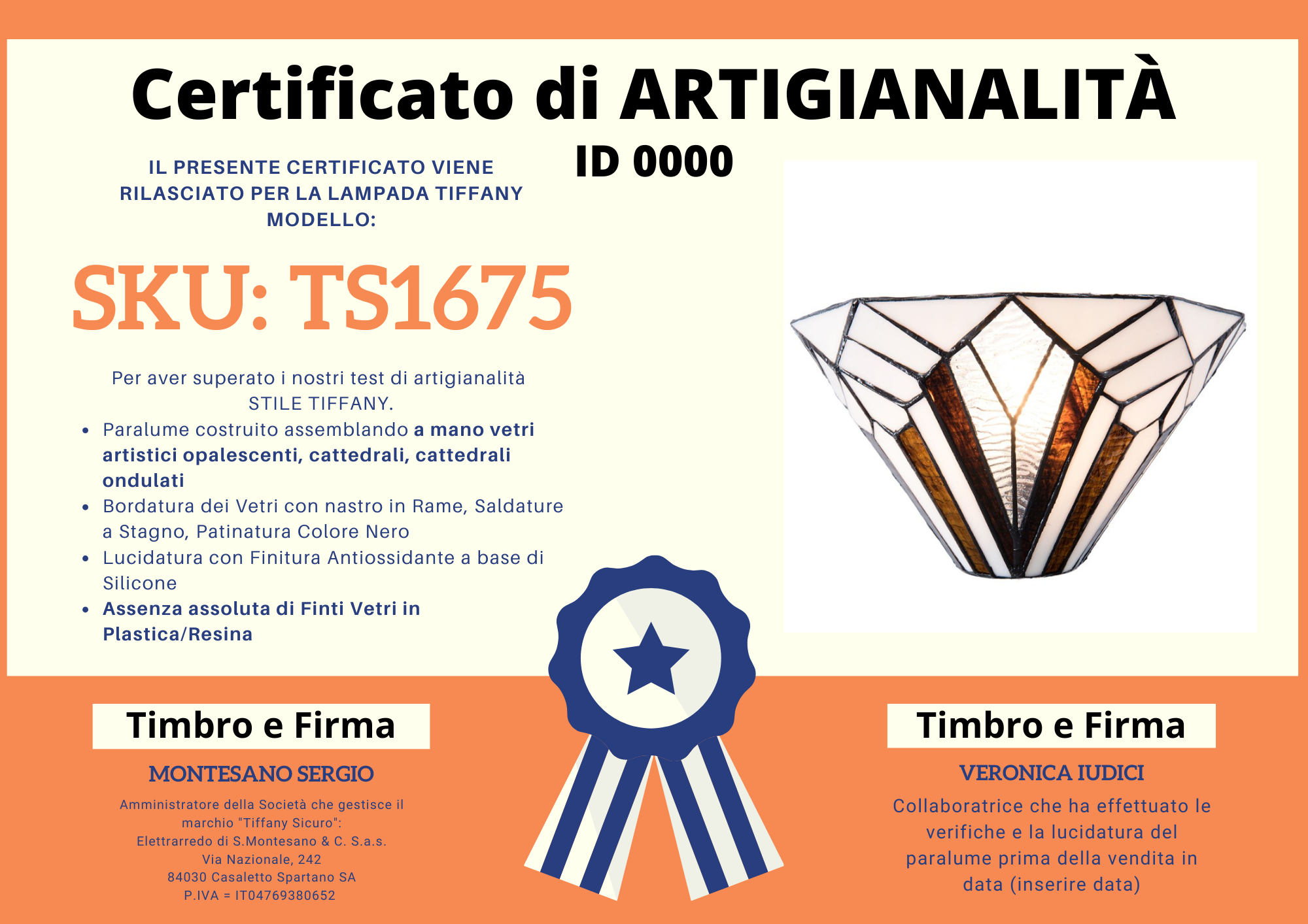 Applique Tiffany Moderna, certificato