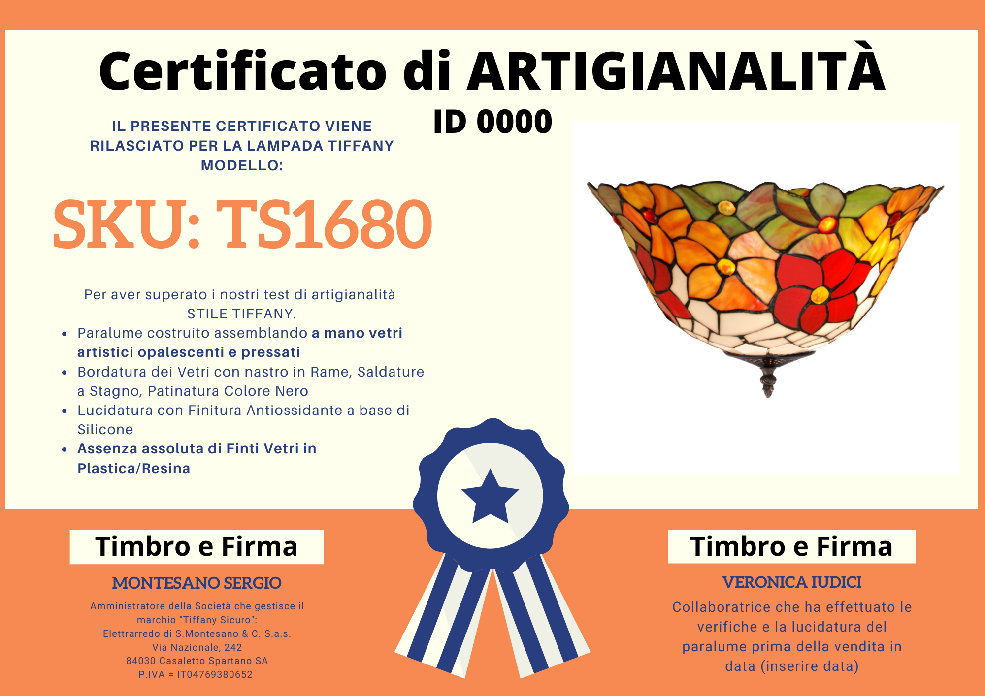 Plafoniera Tiffany Fiori Rossi e Arancioni, certificato