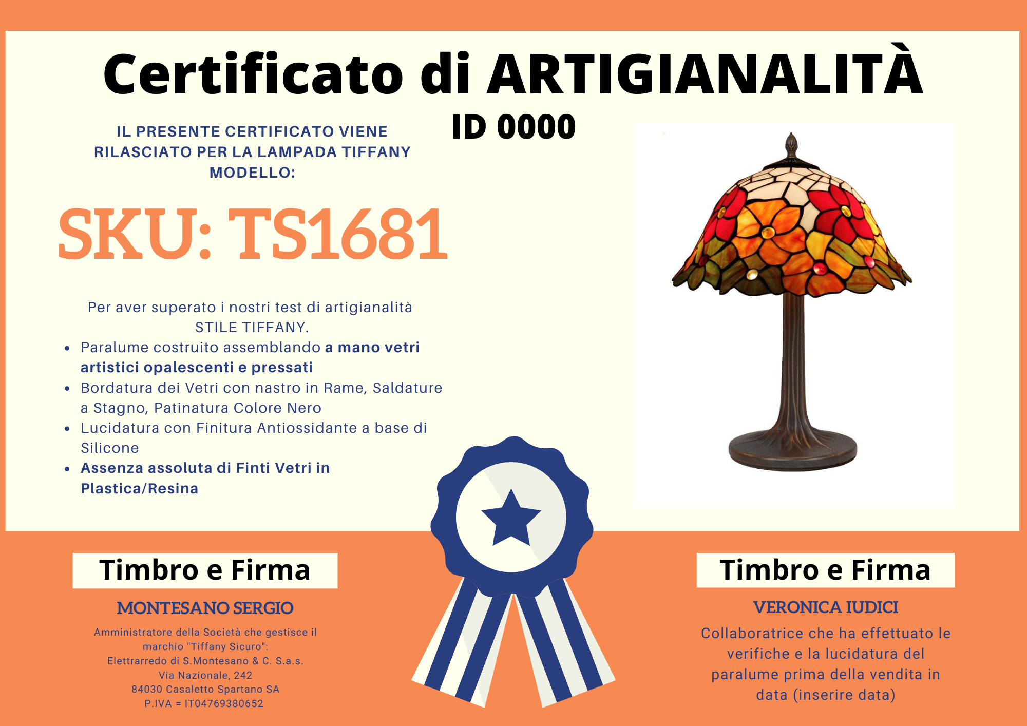 Lampada da Tavolo Tiffany Fiori RossI e Arancioni, CERTIFICATO