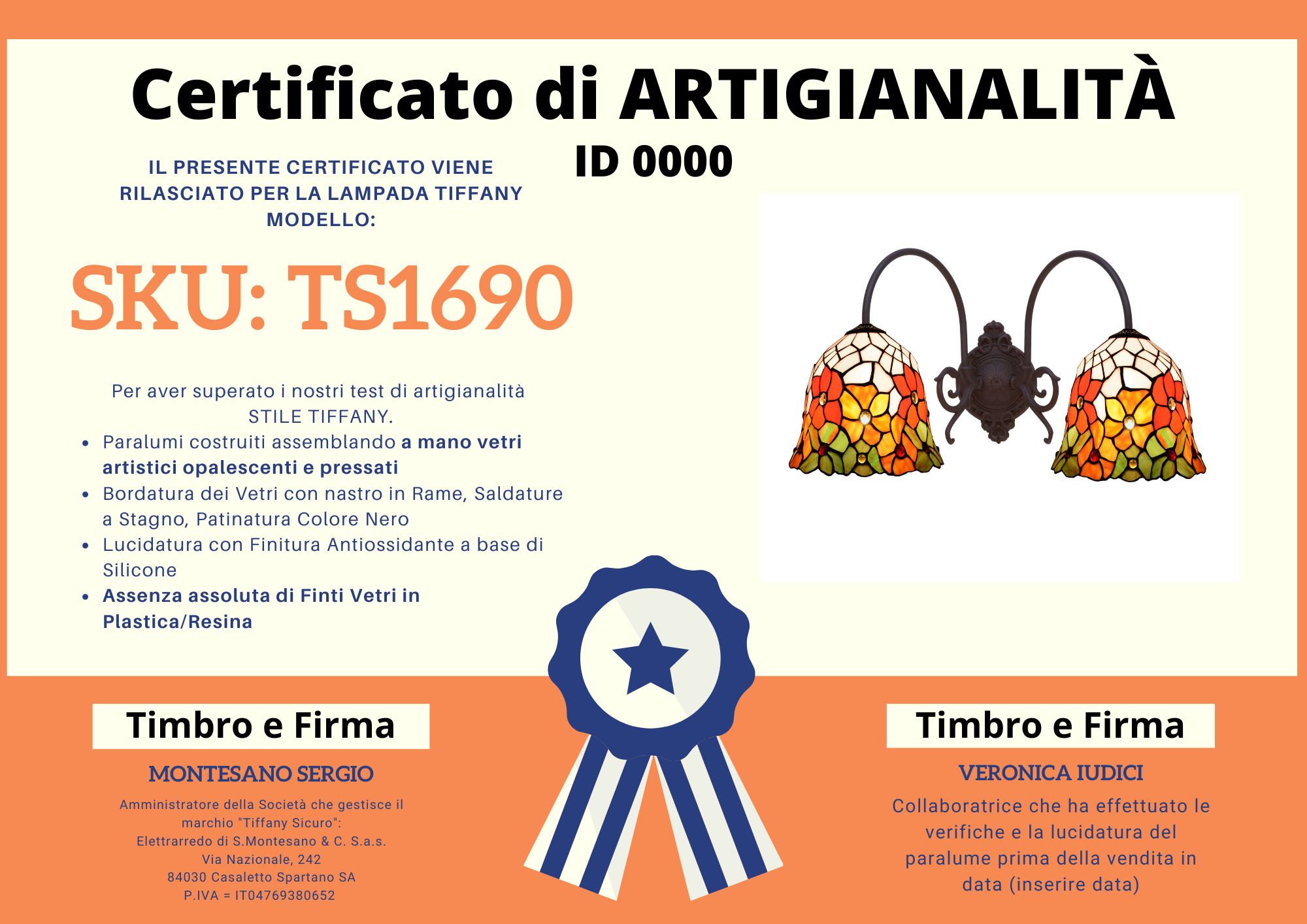Applique Tiffany con 2 Bracci Fiori Rossi e Arancioni, certificato