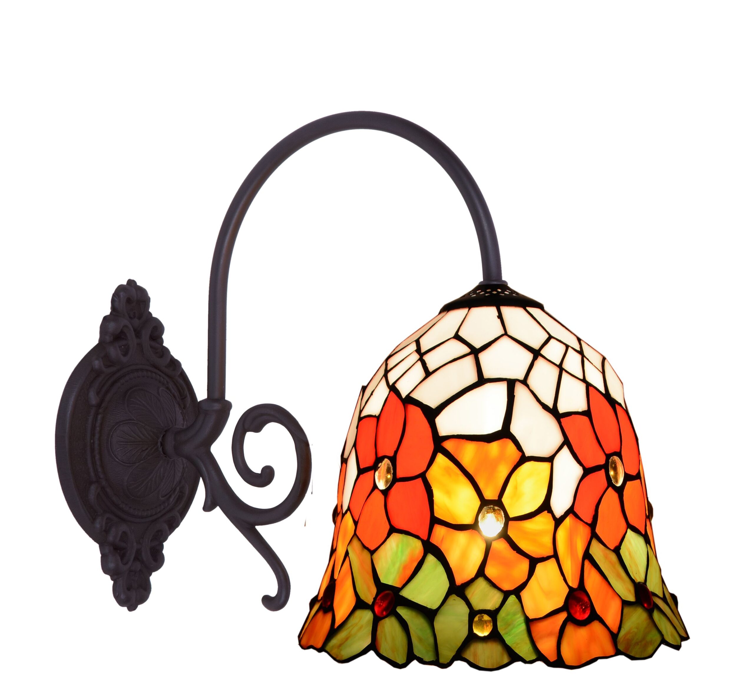 Applique Tiffany a Braccio Fiori Rossi e Arancioni, diametro 18cm 1 Applique Tiffany a Braccio Fiori Rossi e Arancioni