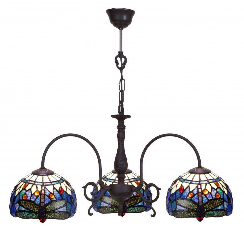 Lampadario Tiffany a Bracci con Libellule sfondo Blu, largo 64cm 2 Lampadario Tiffany a Bracci con Libellule sfondo Blu