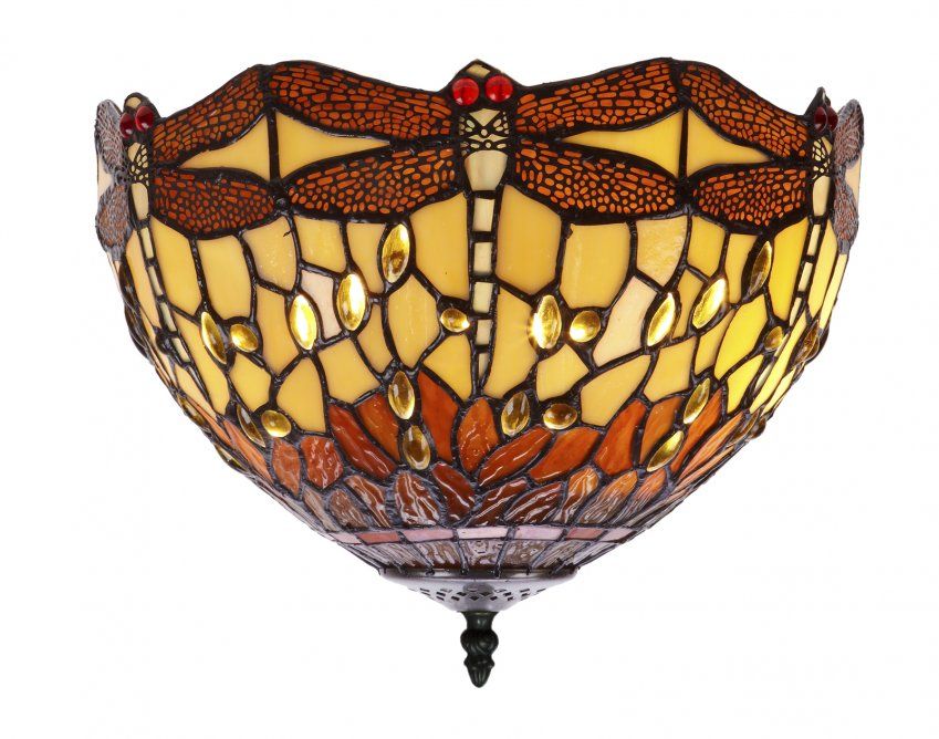 Plafoniera Tiffany Gialla e Arancione con Libellule Piccola, 30cm 3 Plafoniera Tiffany Gialla e Arancione con Libellule Piccola, paralume tiffany