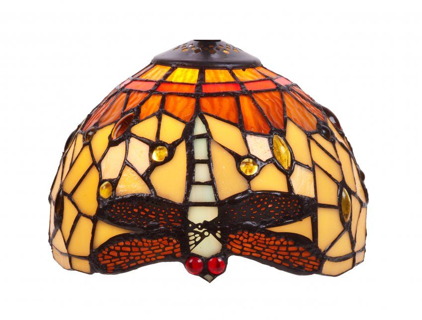 Lampadario Tiffany a Bracci Giallo e Arancione con Libellule, largo 64cm 3 Lampadario Tiffany a Bracci Giallo e Arancione con Libellule, paralumi