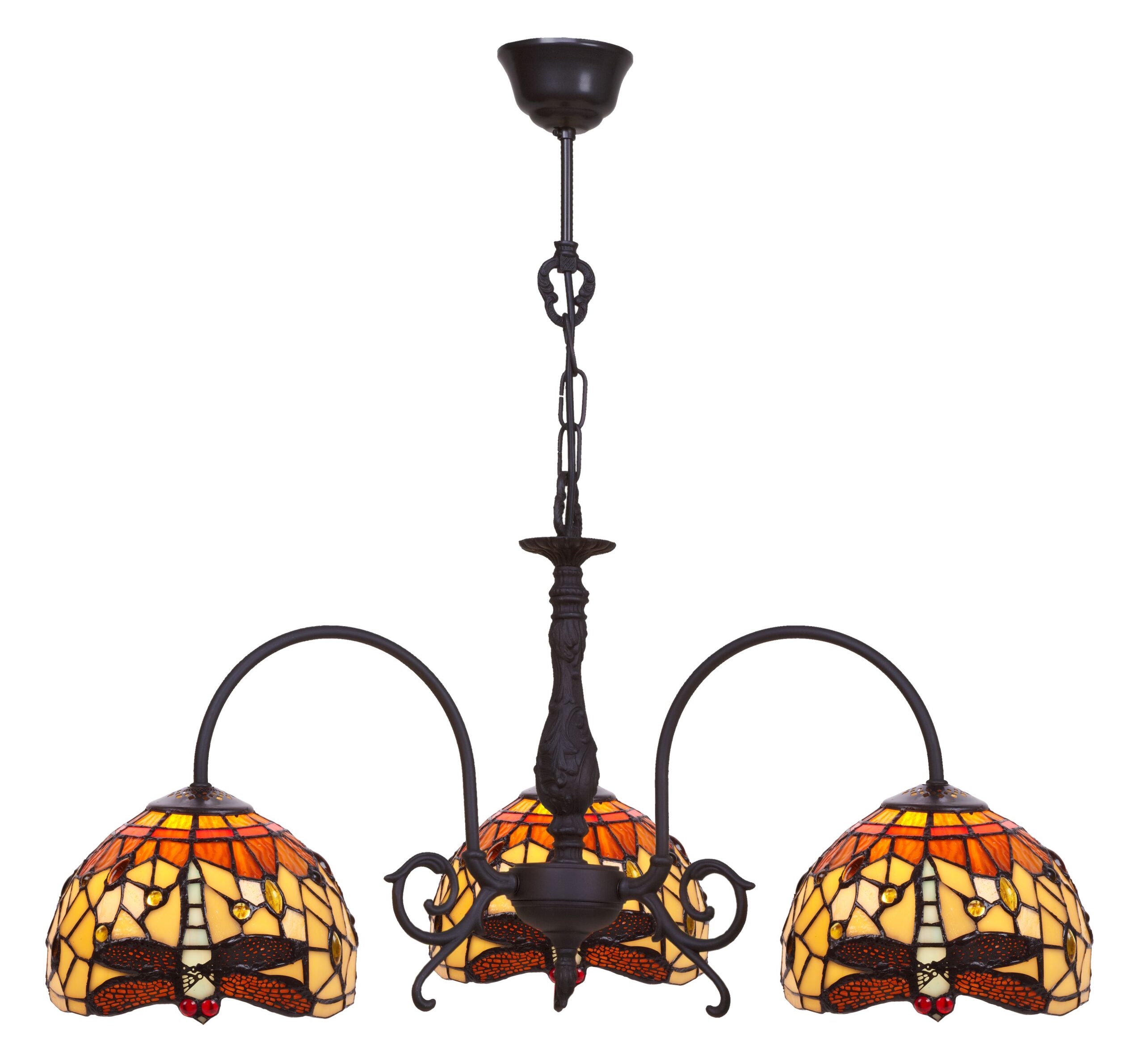 Lampadario Tiffany a Bracci Giallo e Arancione con Libellule, largo 64cm 2 Lampadario Tiffany a Bracci Giallo e Arancione con Libellule