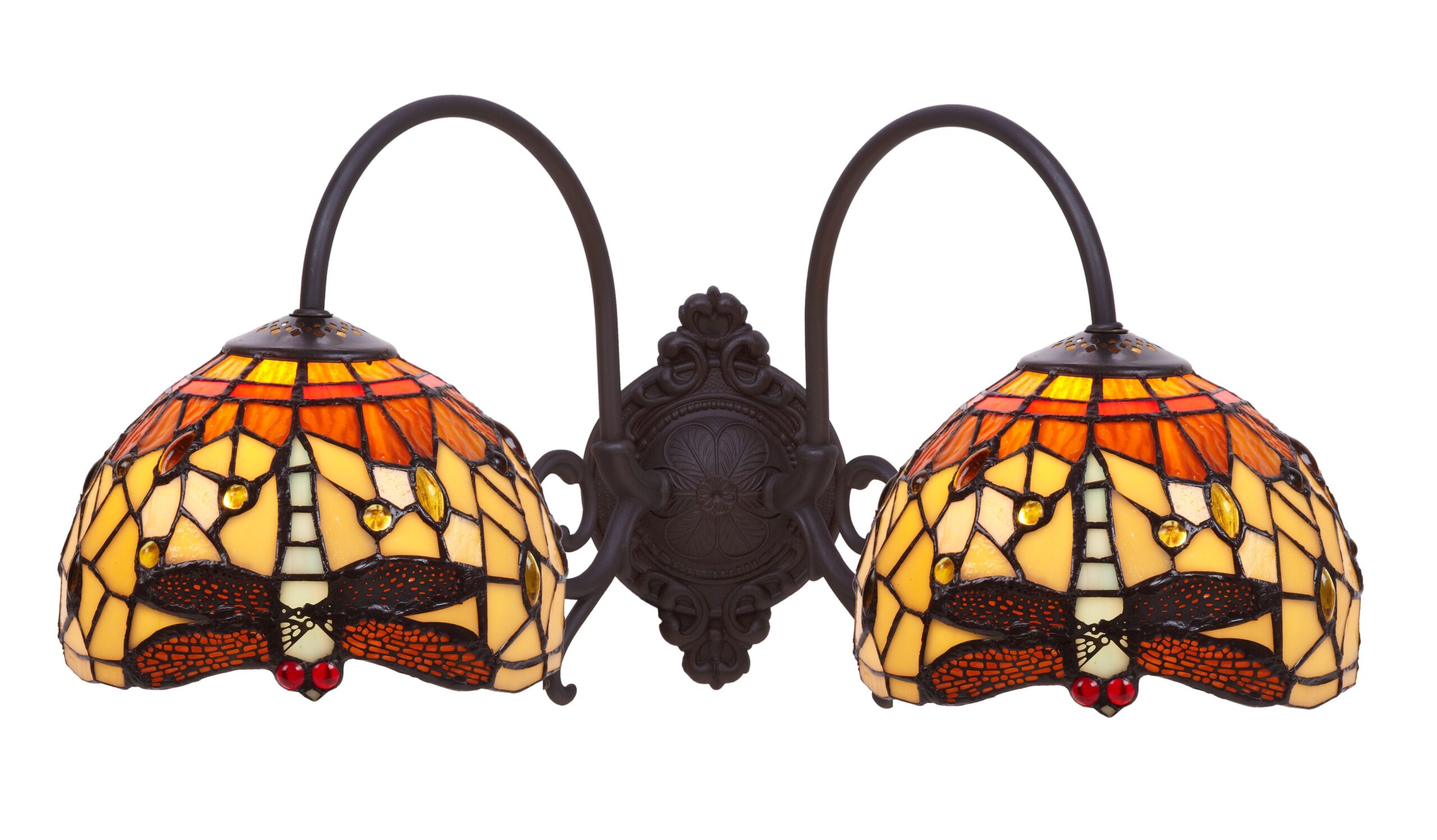 Applique Tiffany Arancione con Libellule con 2 Bracci, larga 46cm 2 Applique Tiffany Arancione con Libellule con 2 Bracci