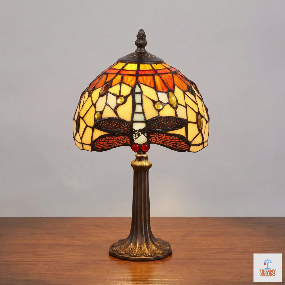 Abatjour Tiffany Gialla e Arancione con Libellule, 20cm 1 Abatjour Tiffany Gialla e Arancione con Libellule