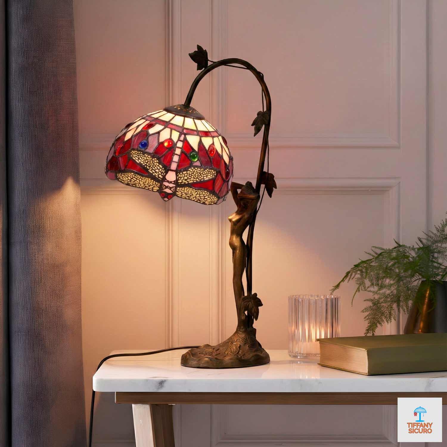 Abatjour Tiffany con Libellule Rosso Rubino, alta 54cm 1 Abatjour Tiffany con Libellule Rosso Rubino