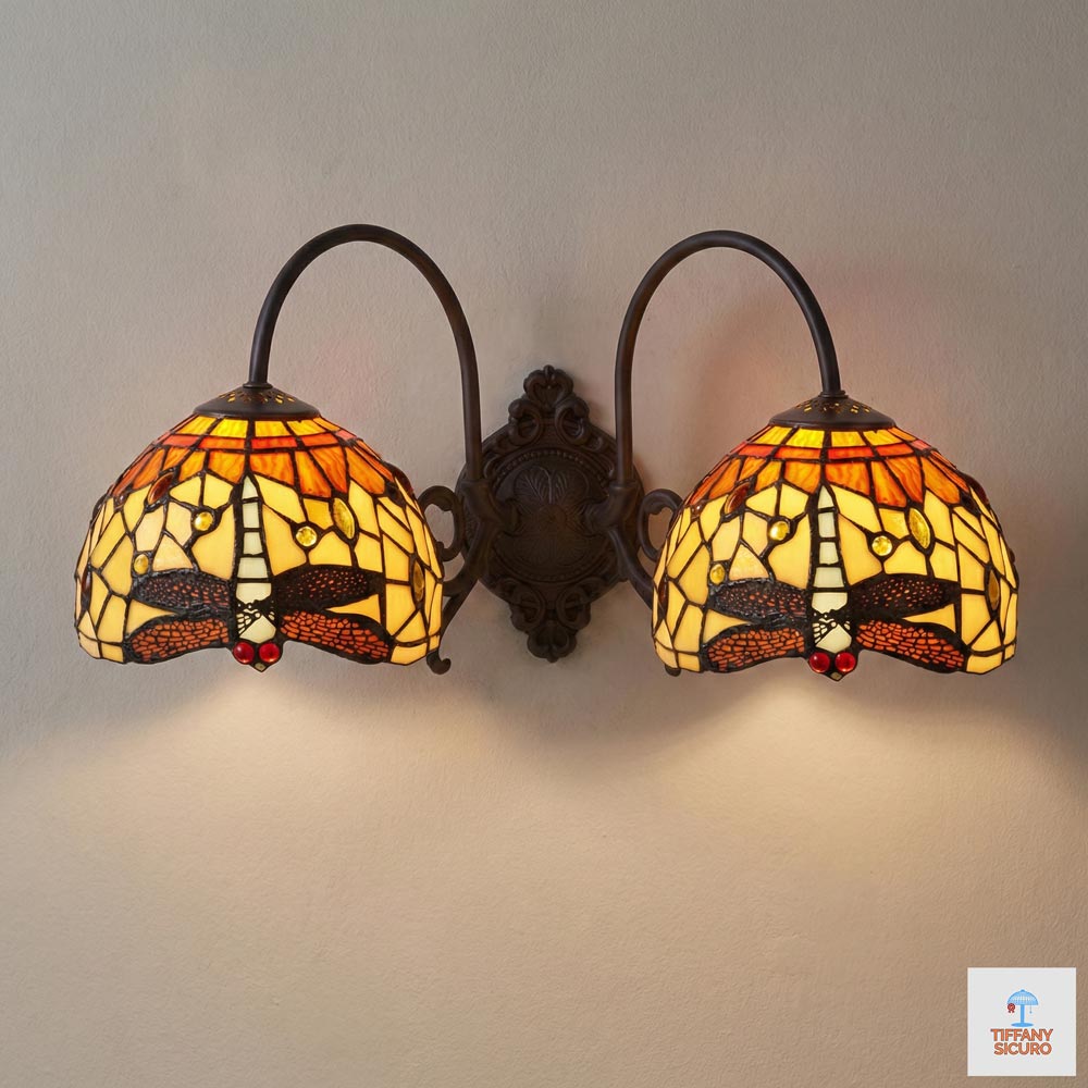 Applique Tiffany Arancione con Libellule con 2 Bracci, larga 46cm 1 Applique Tiffany Arancione con Libellule con 2 Bracci