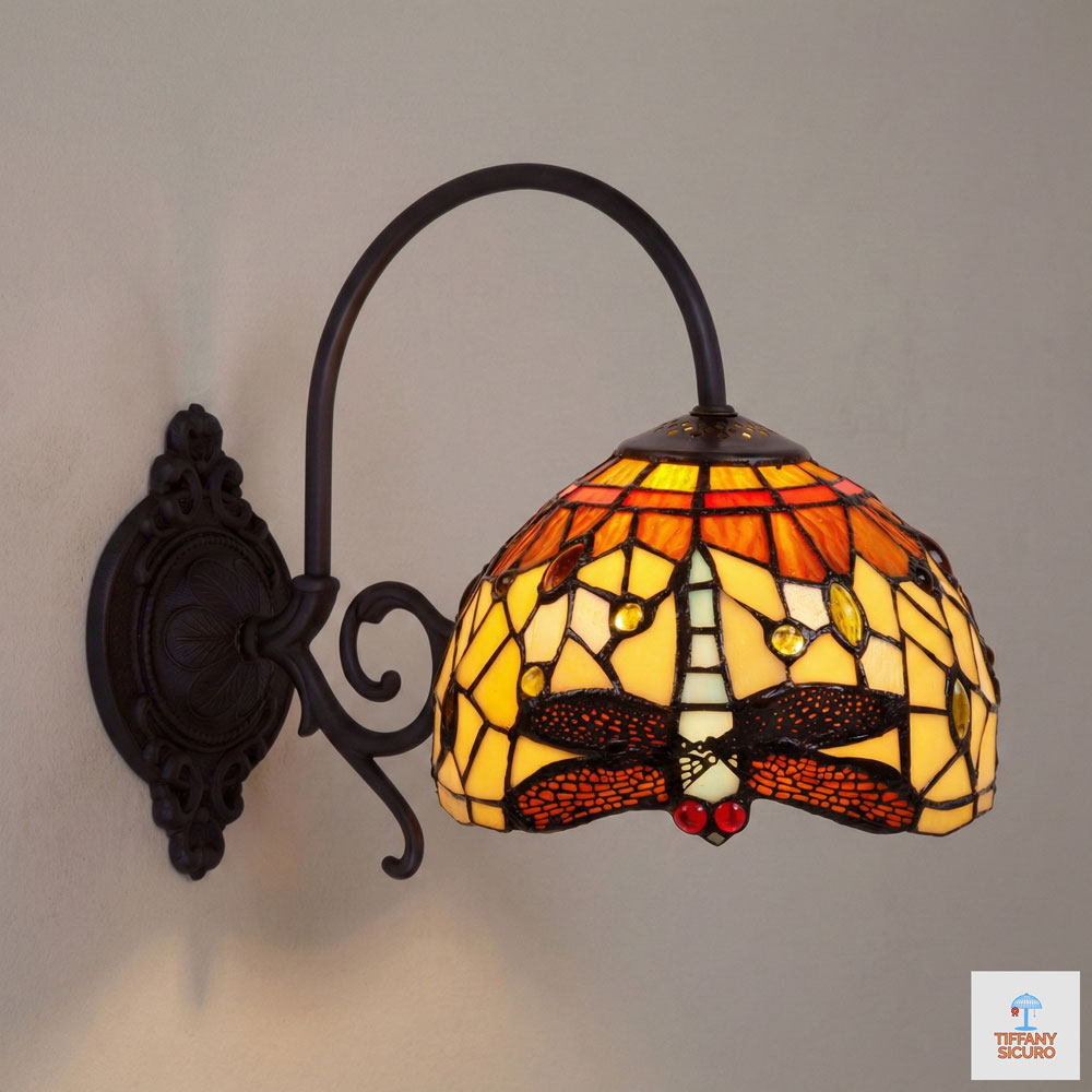 Applique Tiffany a Braccio Gialla e Arancione con Libellule, diametro 20cm 1 Applique Tiffany a Braccio Gialla e Arancione con Libellule