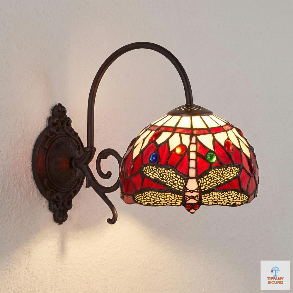 Applique Tiffany a Braccio con Libellule Rosso Rubino, diametro 20cm 1 Applique Tiffany a Braccio con Libellule Rosso Rubino