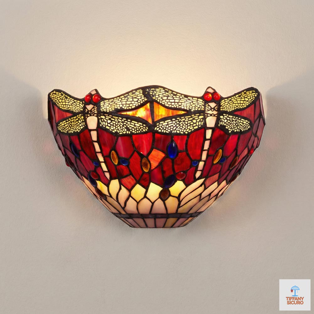 Applique Tiffany con Libellule Rosso Rubino, 30cm 1 Applique Tiffany con Libellule Rosso Rubino