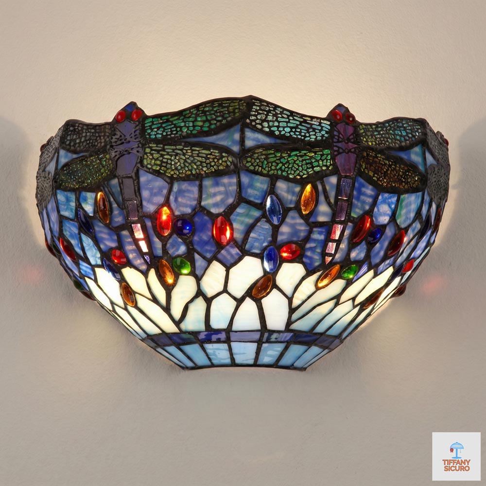 Applique Tiffany con Libellule sfondo Blu, 30cm 1 Applique Tiffany con Libellule sfondo Blu