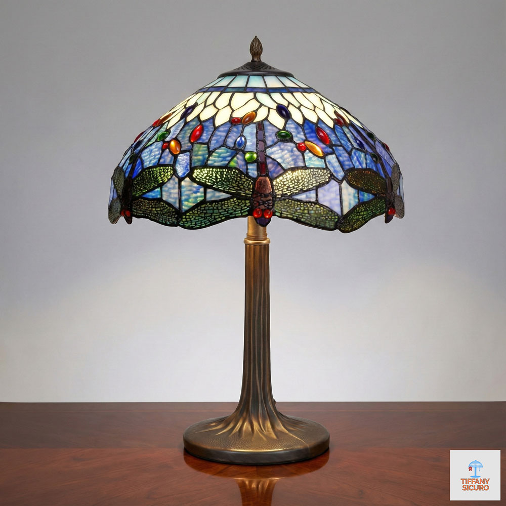 Lampada da Tavolo Tiffany Blu con Libellule Grande, 40cm 1 Lampada da Tavolo Tiffany Blu con Libellule Grande