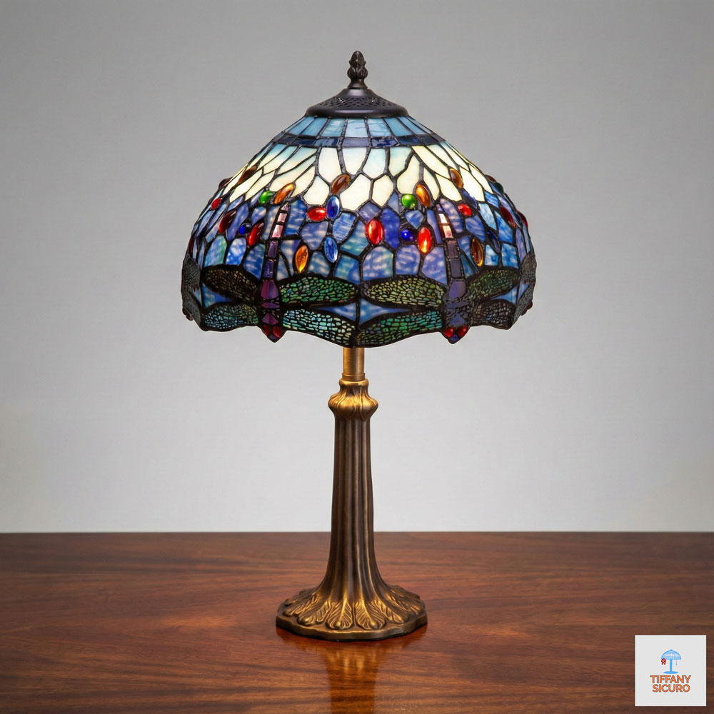 Lampada da Tavolo Tiffany Blu con Libellule Media, 30cm 1 Lampada da Tavolo Tiffany Blu con Libellule Media