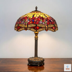 Lampada da Tavolo Tiffany con Libellule Rosso Rubino