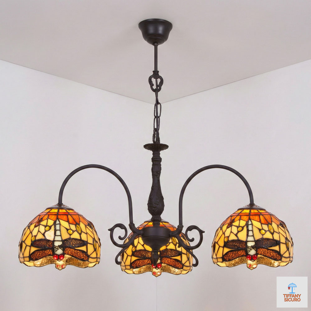 Lampadario Tiffany a Bracci Giallo e Arancione con Libellule, largo 64cm 1 Lampadario Tiffany a Bracci Giallo e Arancione con Libellule