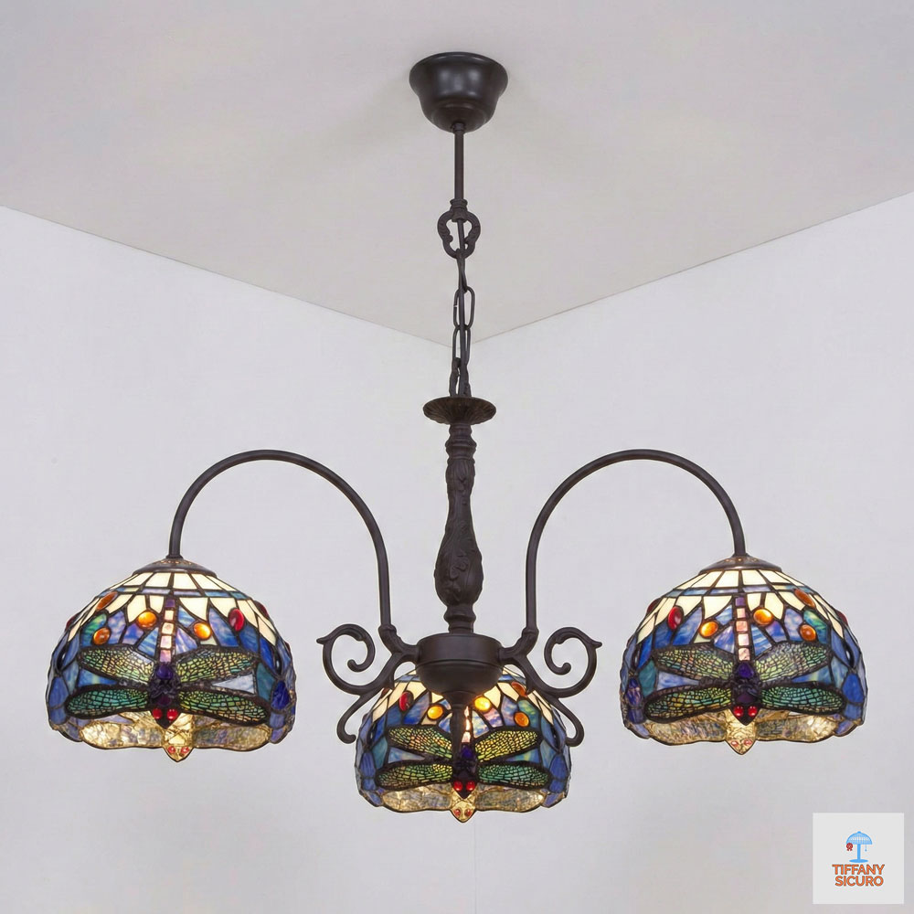 Lampadario Tiffany a Bracci con Libellule sfondo Blu, largo 64cm 1 Lampadario Tiffany a Bracci con Libellule sfondo Blu