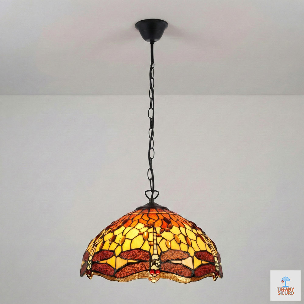 Lampadario Tiffany con Libellule Grande, 40cm 1 Lampadario Tiffany con Libellule Grande