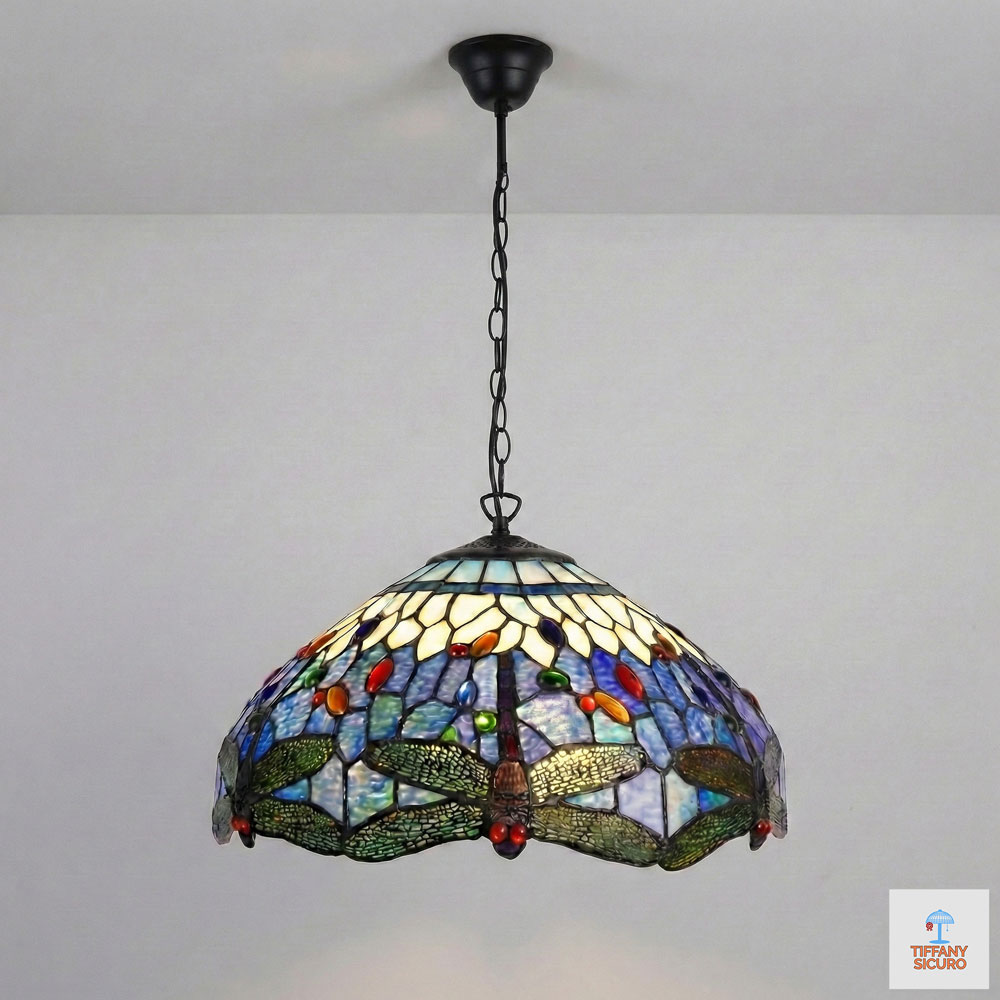 Lampadario Tiffany con Libellule sfondo Blu, 54cm 1 Lampadario Tiffany con Libellule sfondo Blu