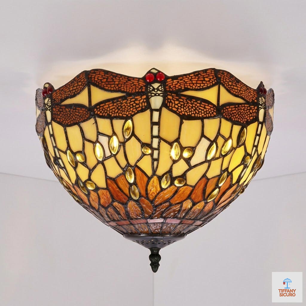 Plafoniera Tiffany Gialla e Arancione con Libellule Piccola, 30cm 1 Plafoniera Tiffany Gialla e Arancione con Libellule Piccola