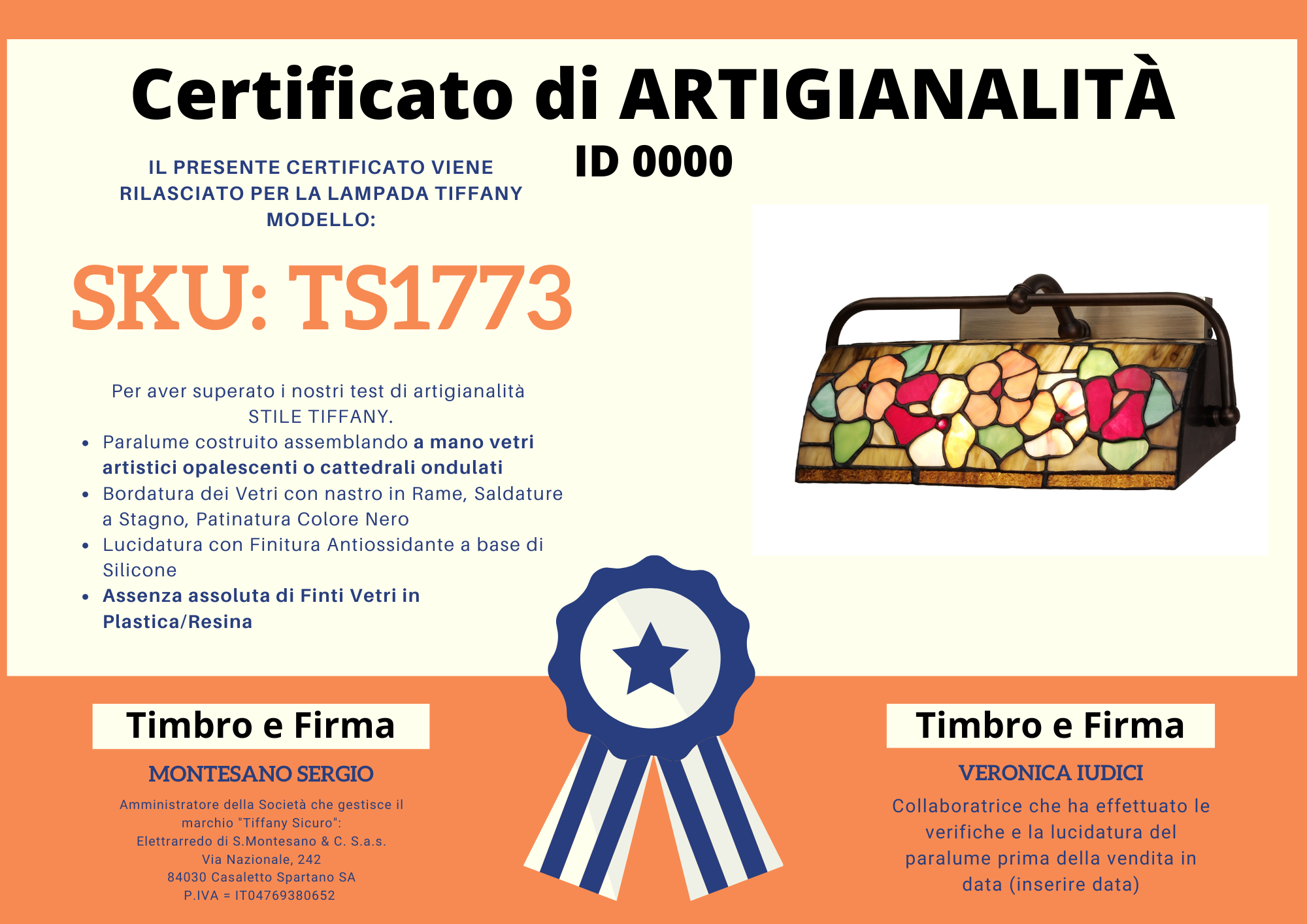 Applique Tiffany con Fiori Regolabile, certificato