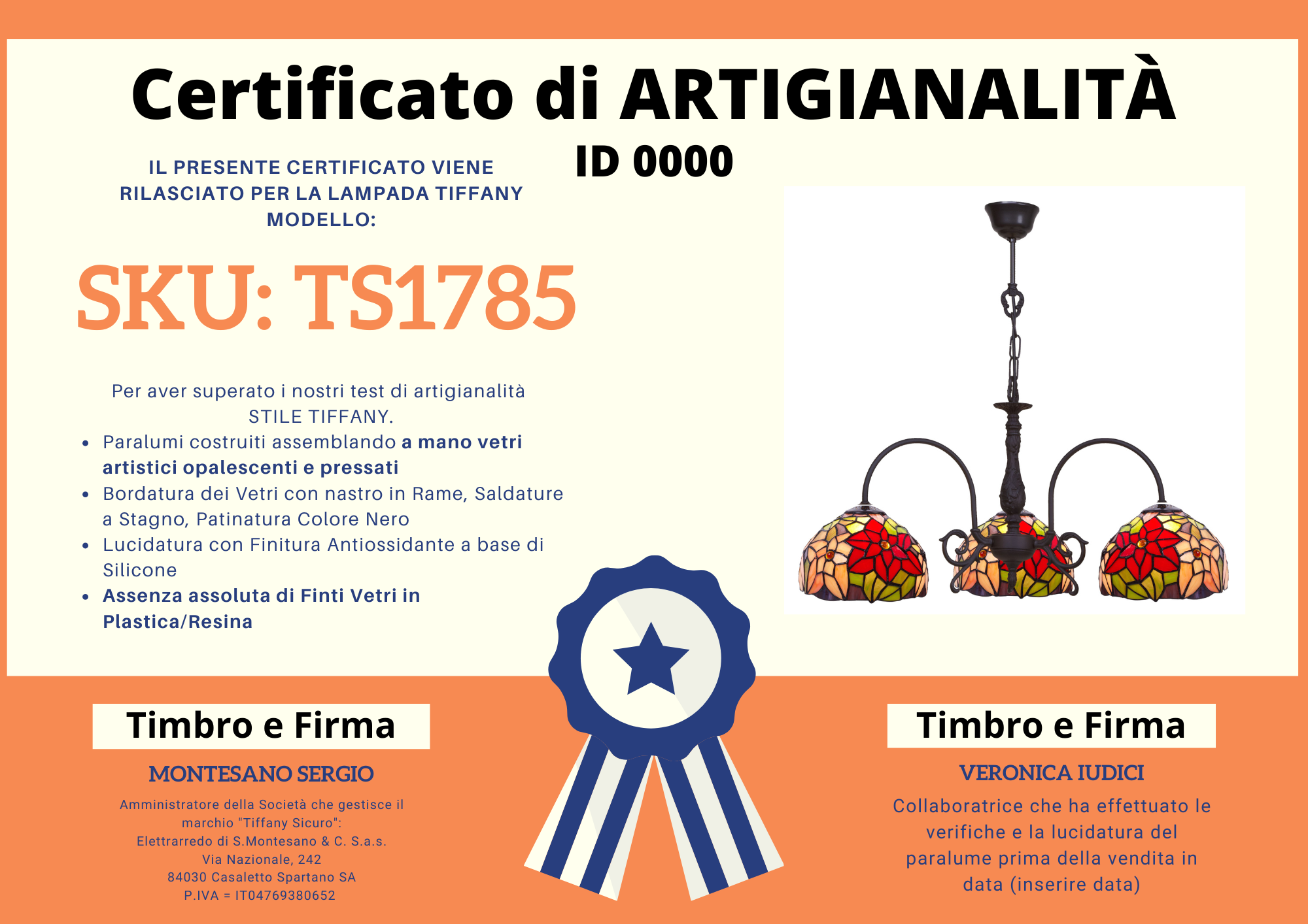Lampadario Tiffany Decorativo a Bracci con Fiori, certificato