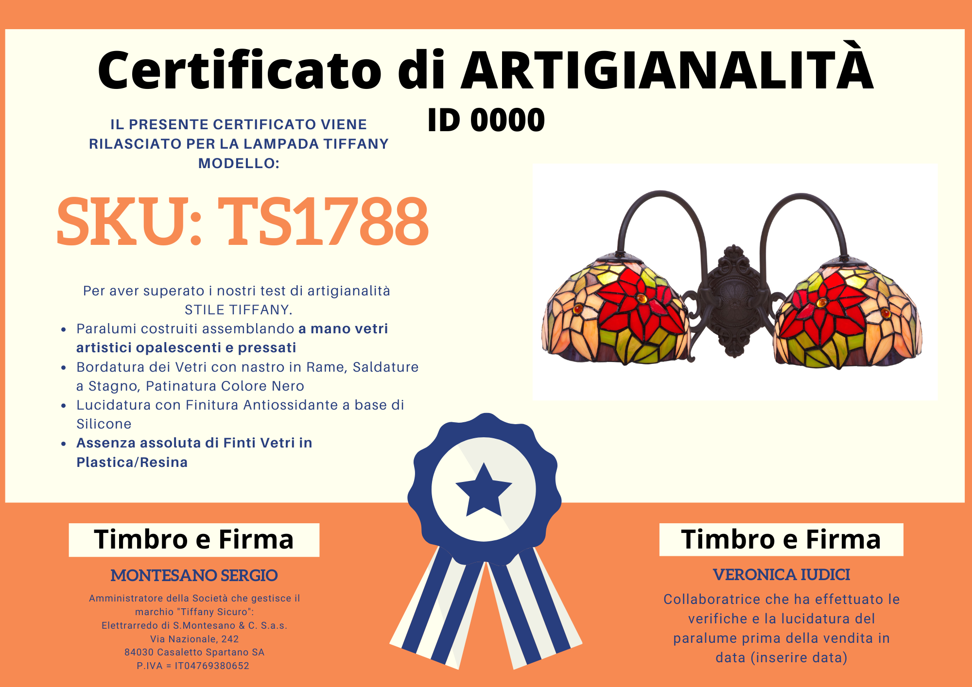 Applique Tiffany a 2 Bracci Decorativa con Fiori, certificato
