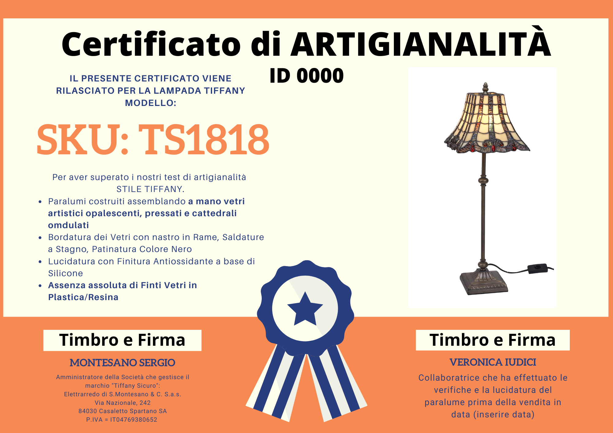 Lampada da Tavolo alta 60cm Tiffany, certificato