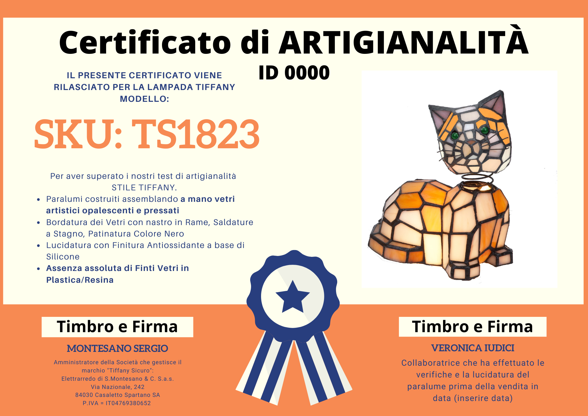 Lampada Gatto Tiffany, certificato