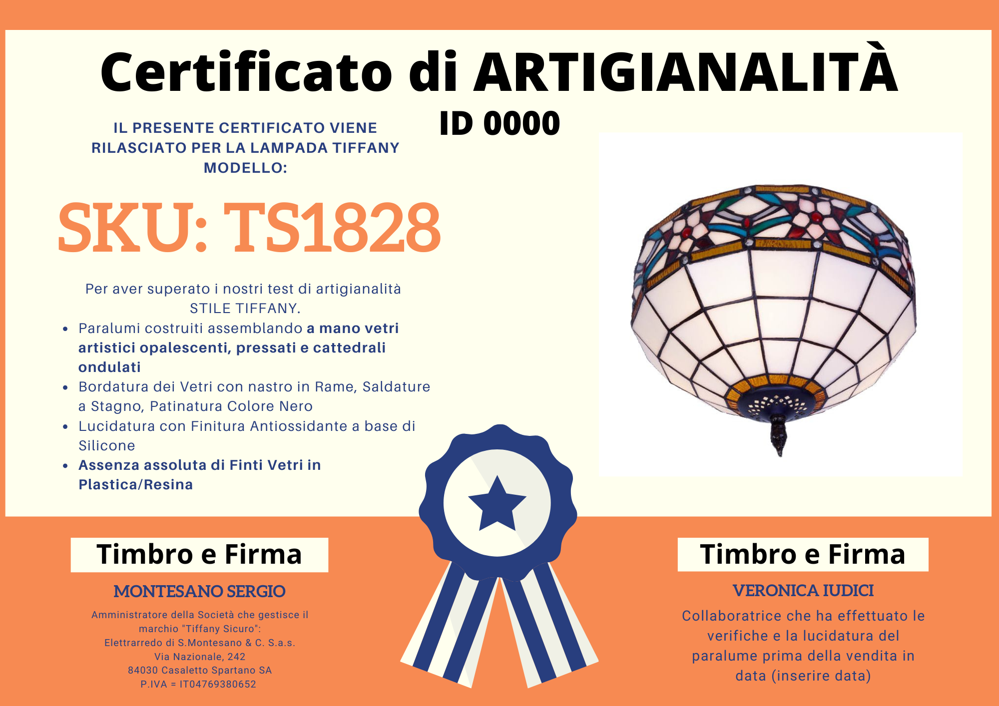 Plafoniera Floreale Tiffany Piccola, certificato