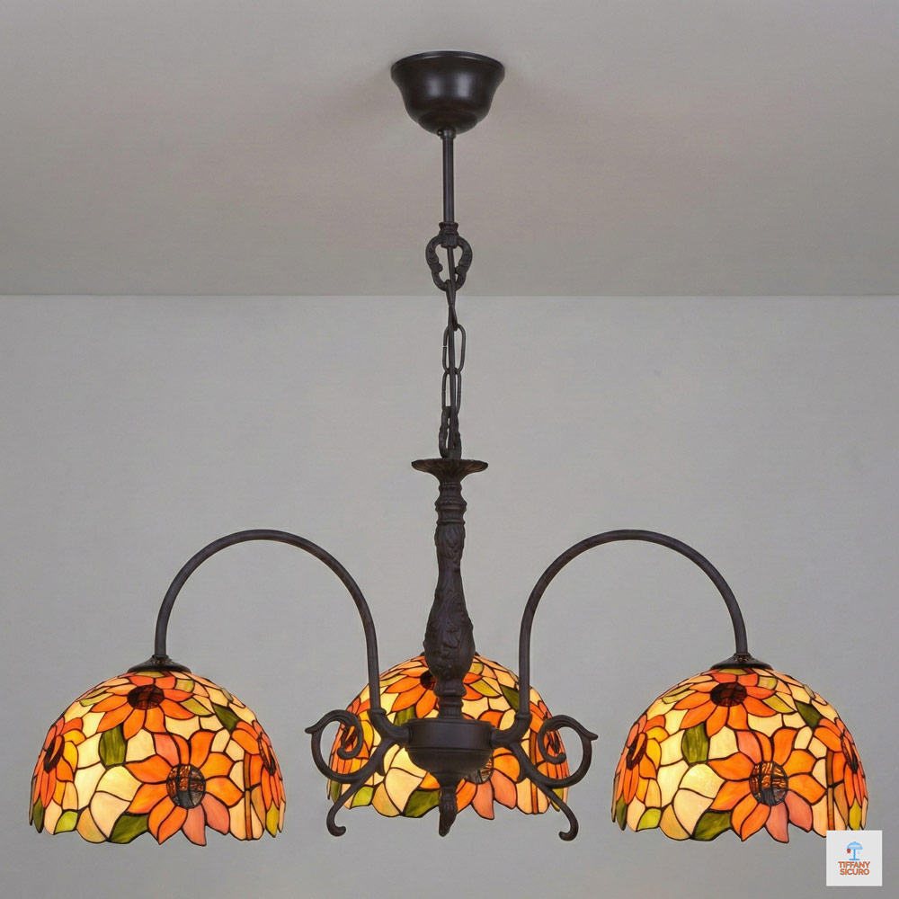 Lampadario Tiffany a Bracci con Fiori, largo 64cm 1 Lampadario Tiffany a Bracci con Fiori