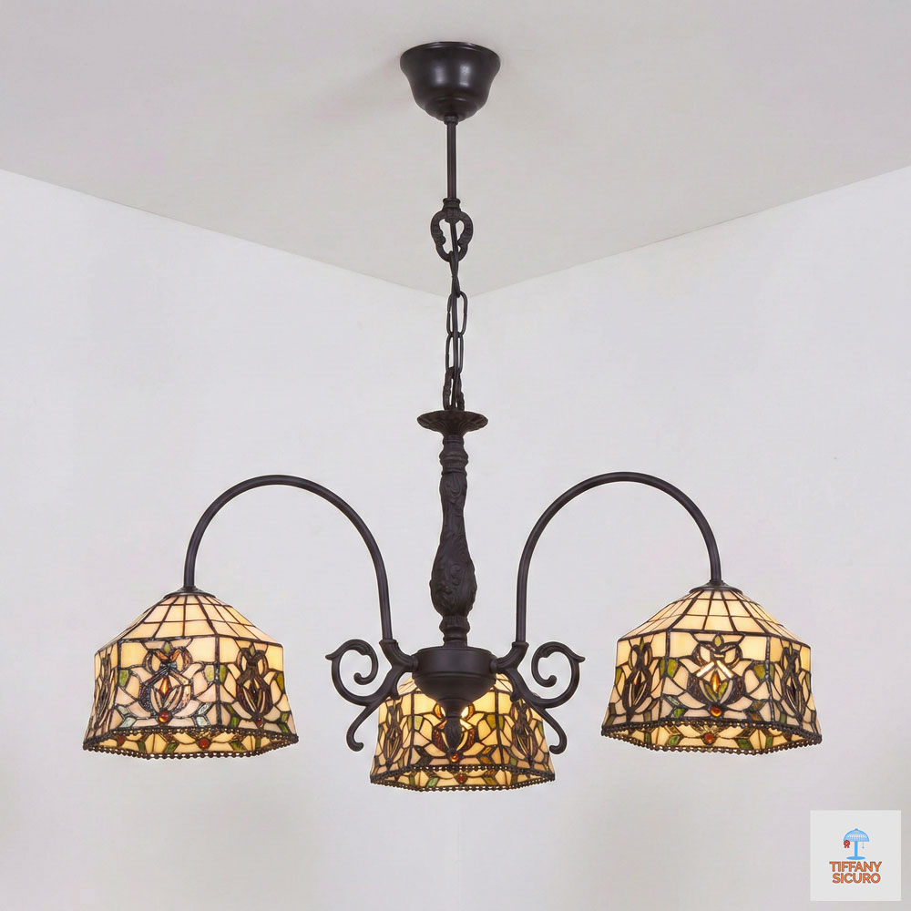 Lampadario Vintage a Bracci Tiffany, largo 64cm 1 Lampadario Vintage a Bracci Tiffany