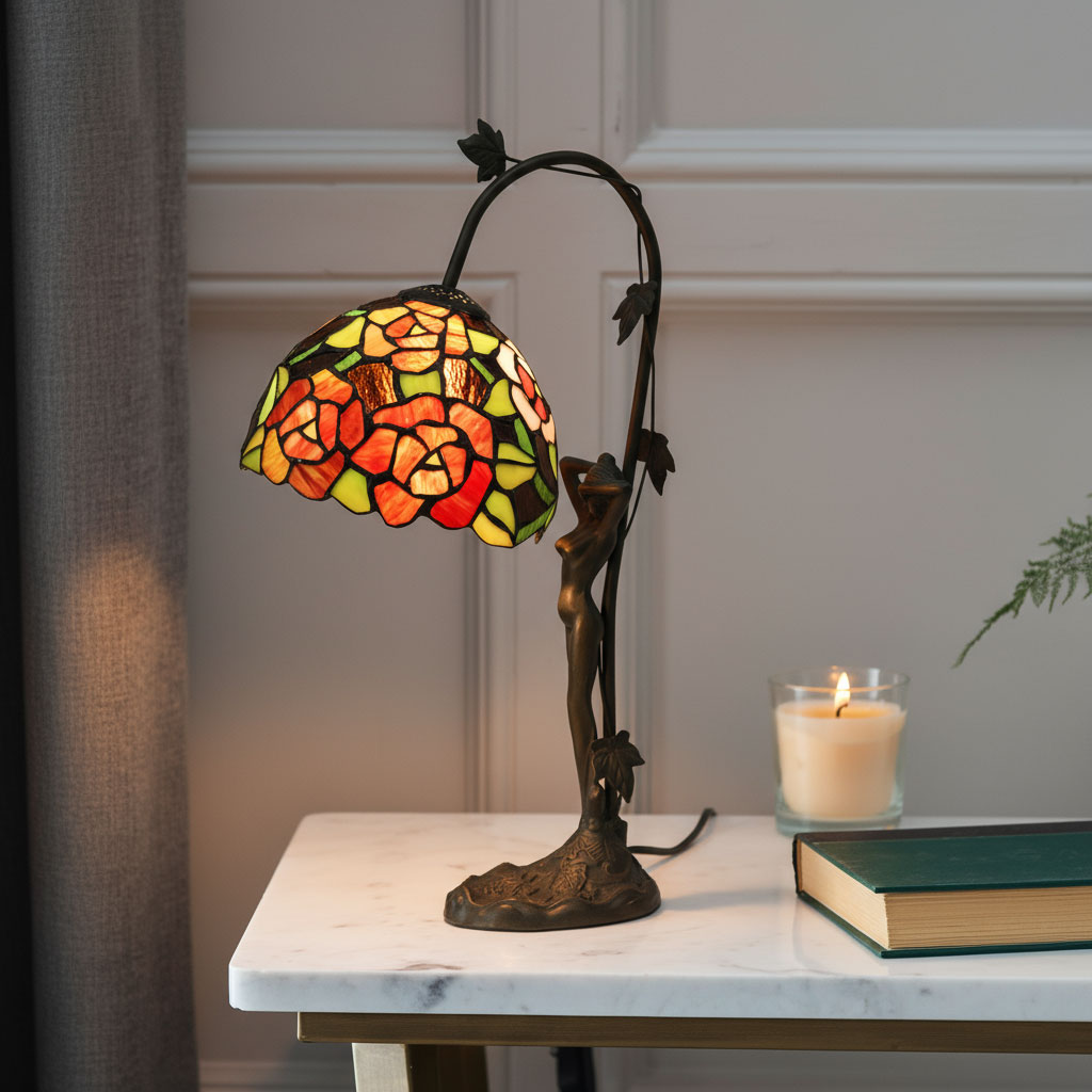 Abatjour con Rose Rosse Tiffany Scultura, alta 54cm 1 Abatjour con Rose Rosse Tiffany Scultura