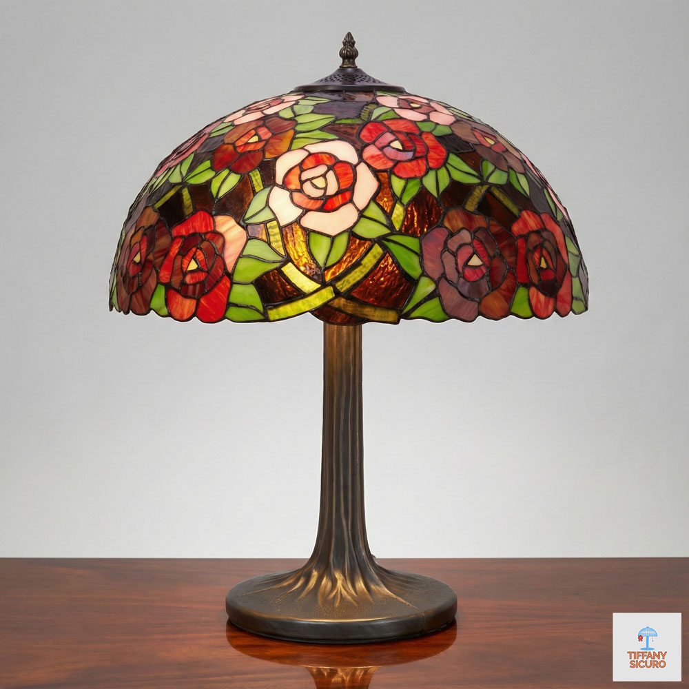 Lampada da Tavolo con Rose Rosse Tiffany, 45cm 1 Lampada da Tavolo con Rose Rosse Tiffany