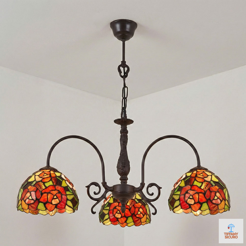 Lampadario a Bracci Tiffany con Rose Rosse, largo 64cm 1 Lampadario a Bracci Tiffany con Rose Rosse