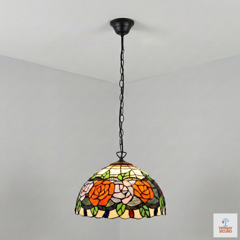 Lampadario con Rose Tiffany Medio, 30cm 1 Lampadario con Rose Tiffany Medio
