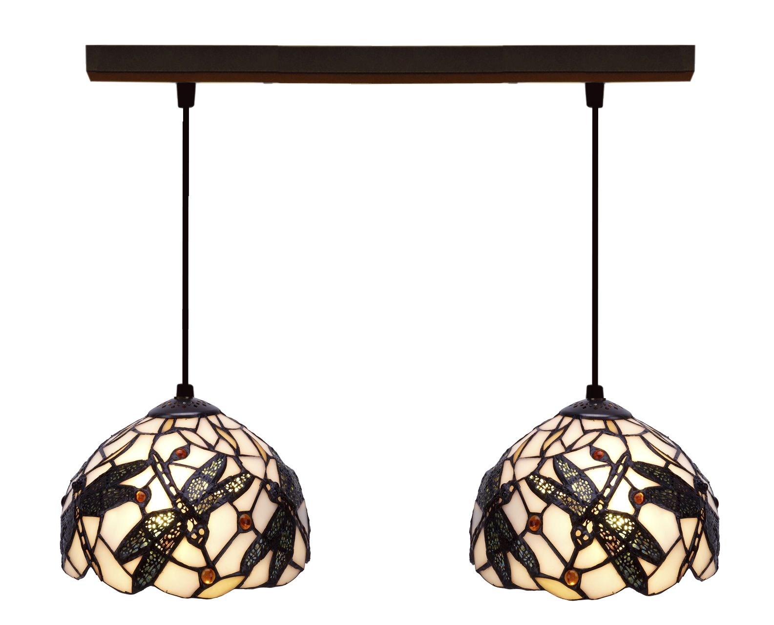 Lampadario Tiffany a Doppia Sospensione con Libellule, largo 50cm 1 Lampadario Tiffany a Doppia Sospensione con Libellule